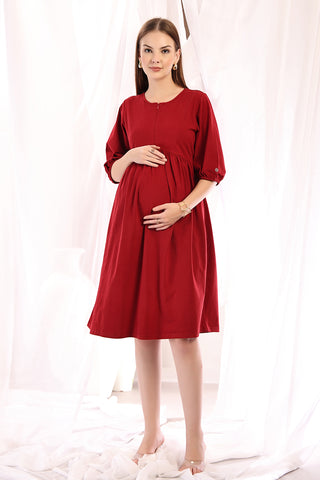 Back View of Maternity & Nursing Knee-Length Cotton Dress with Pocket - Flattering Silhouette for Pregnancy