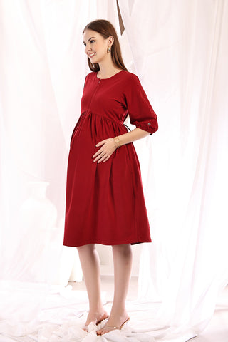Woman wearing Maternity & Nursing Knee-Length Cotton Dress with Pocket in Deep Red - Pre & Post Pregnancy