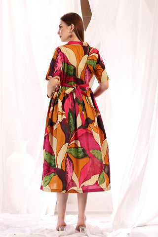 Model side view; shirtdress provides suitable room for a growing body.