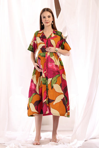 Tropical Leaf Shirtdress buttons; button-front placket provides simple feeding access.