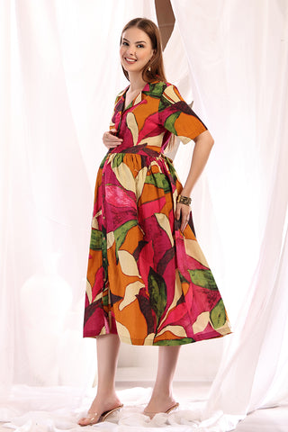 Tropical Leaf Shirtdress waist; tie-up provides fit adjustment for changing body shape.