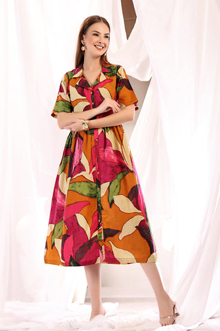 Multicolor Tropical Leaf Shirtdress; print design provides style and comfortable fit.