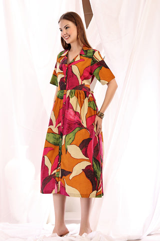 Tropical Leaf Shirtdress hemline; fluid fabric creates swing and movement.