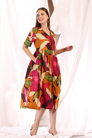 Tropical Leaf Zipless Feeding Shirtdress; front buttons allow for quick nursing.