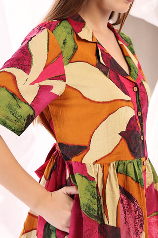 Multicolor Tropical Leaf Shirtdress print; pattern enhances the garment style.