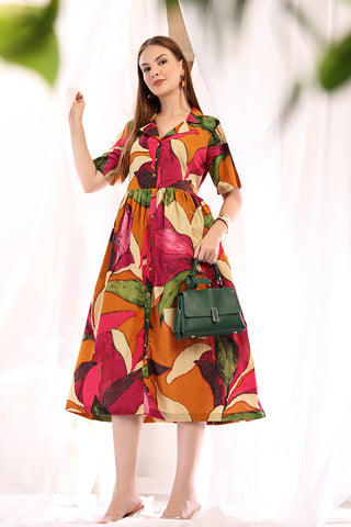 Multicolor Tropical Shirtdress; fit is suitable for wear during pregnancy and postpartum.
