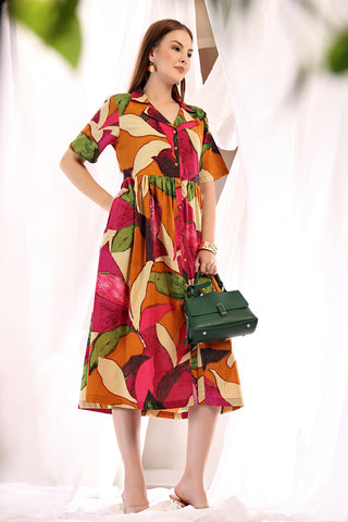 Tropical Leaf Dress; vibrant tropical print is suitable for events.