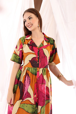 Tropical Leaf Shirtdress sleeve; cuff with button closure offers fit adjustment.