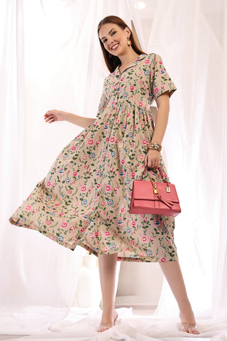 Floral Printed Zipless Feeding Shirt Dress Front View - Light Pink Rayon Maternity Dress with Feeding Zips & Pockets