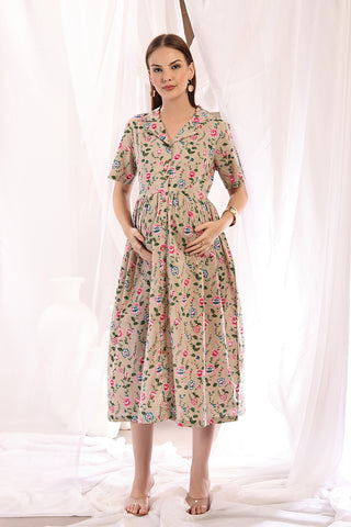 Back View of Floral Printed Zipless Feeding Shirt Dress - Flattering Silhouette for Pregnancy