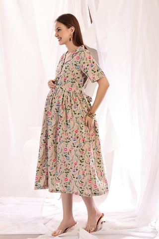 Woman wearing Floral Printed Zipless Feeding Shirt Dress in Light Pink - Pre & Post Pregnancy