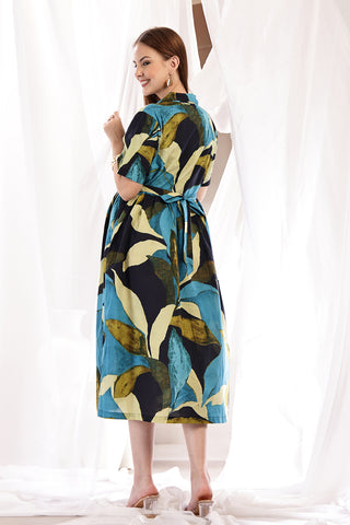 Tropical Leaf Print Zipless Feeding Shirt Dress - Multi - Side profile showcasing comfortable fit and practical nursing