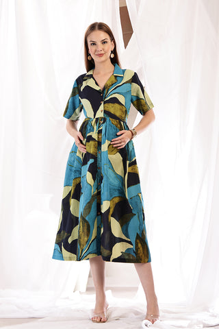 Tropical Leaf Print Zipless Feeding Shirt Dress - Multi - Side profile showcasing comfortable fit and practical nursing