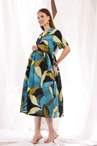 Tropical Leaf Print Zipless Feeding Shirt Dress - Multi - Side profile showcasing comfortable fit and practical nursing