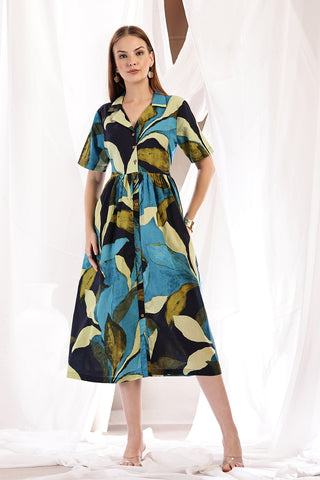 Tropical Leaf Print Zipless Feeding Shirt Dress - Multi - Side profile showcasing comfortable fit and practical nursing