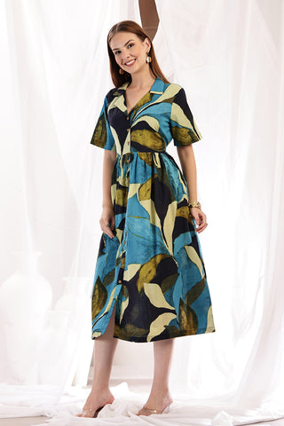 Tropical Leaf Print Zipless Feeding Shirt Dress - Multi - Side profile showcasing comfortable fit and practical nursing