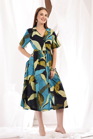 Tropical Leaf Print Zipless Feeding Shirt Dress - Multi - Side profile showcasing comfortable fit and practical nursing