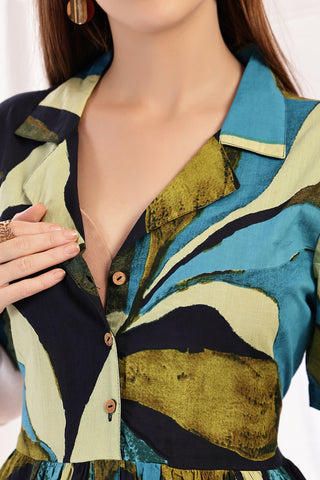 Tropical Leaf Print Zipless Feeding Shirt Dress - Multi - Side profile showcasing comfortable fit and practical nursing