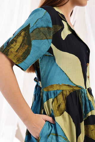 Tropical Leaf Print Zipless Feeding Shirt Dress - Multi - Side profile showcasing comfortable fit and practical nursing