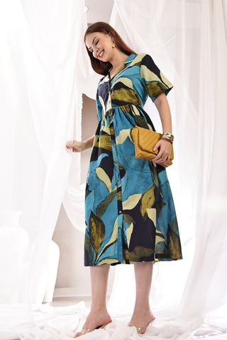 Tropical Leaf Print Zipless Feeding Shirt Dress - Multi - Side profile showcasing comfortable fit and practical nursing