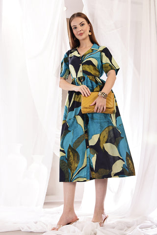 Tropical Leaf Print Zipless Feeding Shirt Dress - Multi - Side profile showcasing comfortable fit and practical nursing