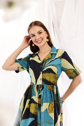 Tropical Leaf Print Zipless Feeding Shirt Dress - Multi - Side profile showcasing comfortable fit and practical nursing