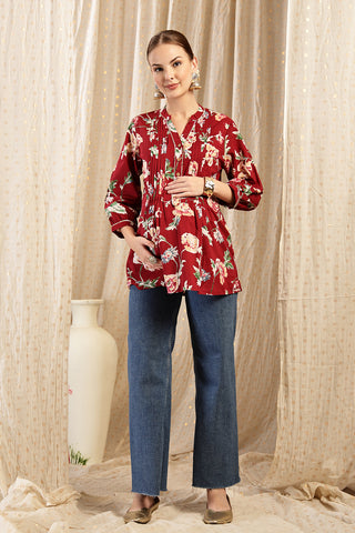 Maroon Printed Top; all over print offers a styled fashion look.