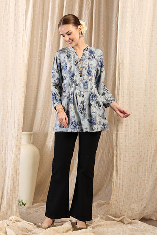 Sky Blue Pleated Top; design is suitable for wear during pregnancy.