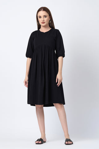 Stylish Black Maternity Wear - Maternity & Nursing Knee-Length Cotton Dress with Pocket for New Moms
