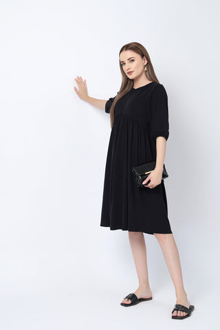 Elegant Black Look of Maternity & Nursing Knee-Length Cotton Dress with Pocket - Perfect for Any Occasion