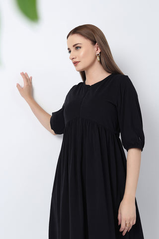 Maternity & Nursing Knee-Length Cotton Dress with Pocket Front View - Black Cotton Maternity Dress with Feeding Zips