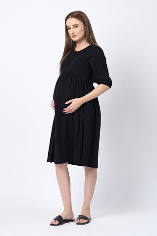 Back View of Maternity & Nursing Knee-Length Cotton Dress with Pocket - Flattering Silhouette for Pregnancy