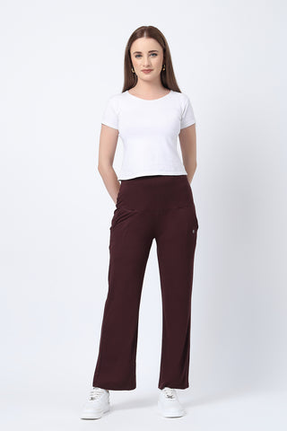 Dark Chocolate Pants side view; flared bottom balances body shape.