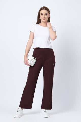 Flared Dark Chocolate Pants; bottom flare offers style choice for mothers.