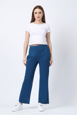 Deep Teal Pants side view; flared bottom balances body shape.