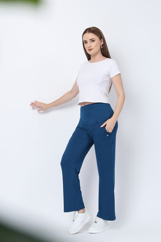 Flared Deep Teal Pants; bottom flare offers style choice for mothers.