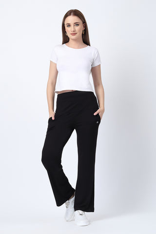 Black Flared Pants movement; cut allows for comfortable leg movement and a non-restrictive fit.