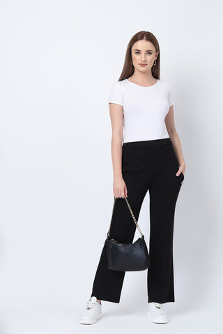 Black Flared Pants; flared design creates modern style.