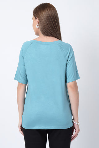 Close-up of light-sea-green Maternity Tops showing Long Zip for easy nursing access.