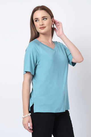 Interior view of Sea Green Solid Nursing Top with Side Zip Access showing Long Zip.