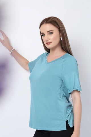 Detailed view of Sea Green Solid Nursing Top with Side Zip Access Long Zip access and Viscose construction.