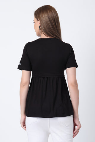 Close-up of black Maternity Tops showing Zipless for easy nursing access.