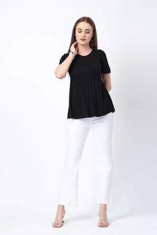 Side or angle view of Black Maternity Zipless Feeding Gathered Top showing the Maternity Tops silhouette and fit.
