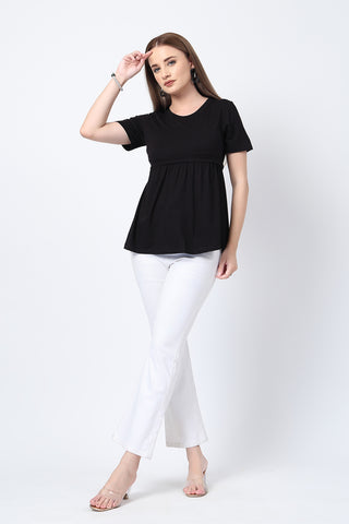 Close-up texture of Black Maternity Zipless Feeding Gathered Top in black, showing the soft Viscose fabric.