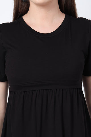 New mom wearing black Maternity Tops; shows flattering post-delivery fit and Zipless.