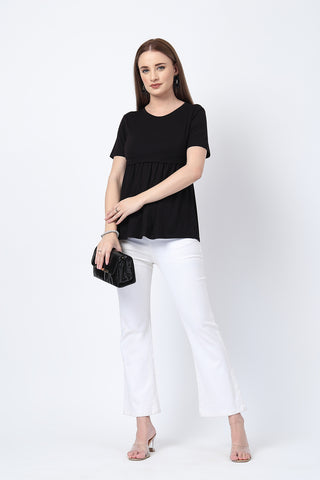 Styling detail of Black Maternity Zipless Feeding Gathered Top, highlighting black print and Maternity Tops design.