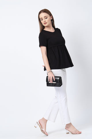 Black Maternity Zipless Feeding Gathered Top shown from alternate angle, highlighting comfort for all-day wear.