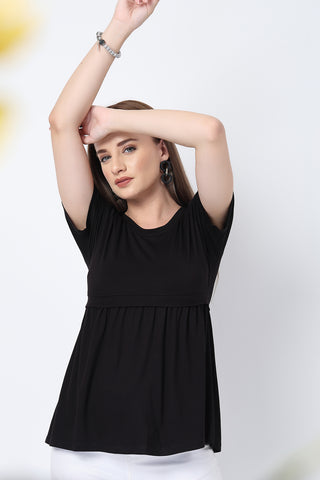 Detailed view of Black Maternity Zipless Feeding Gathered Top Zipless access and Viscose construction.