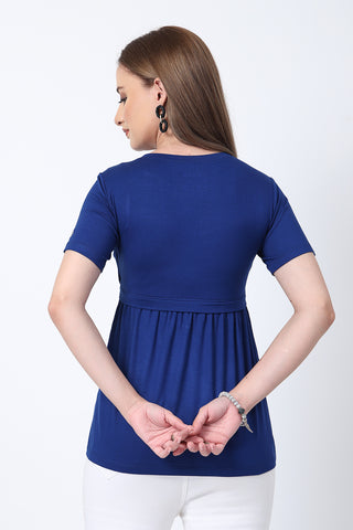 Close-up of blue Maternity Tops showing Zipless for easy nursing access.
