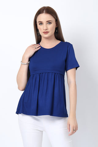 Royal Blue Maternity Zipless Feeding Gathered Top in blue made with soft Viscose fabric.